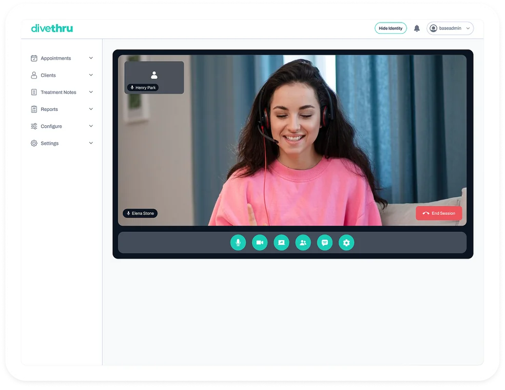 DiveThru live video therapy session interface