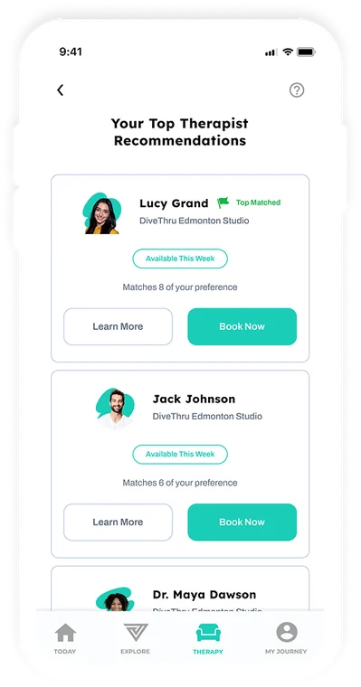 DiveThru mobile app top therapist recommendations screen