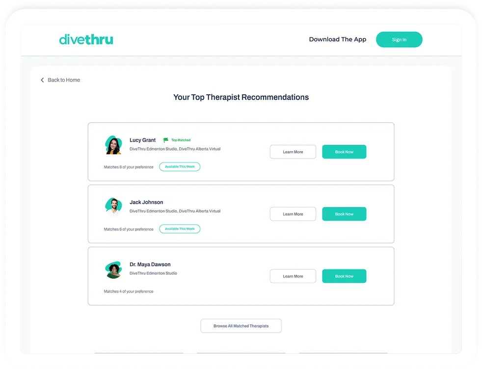 DiveThru web therapist recommendations page