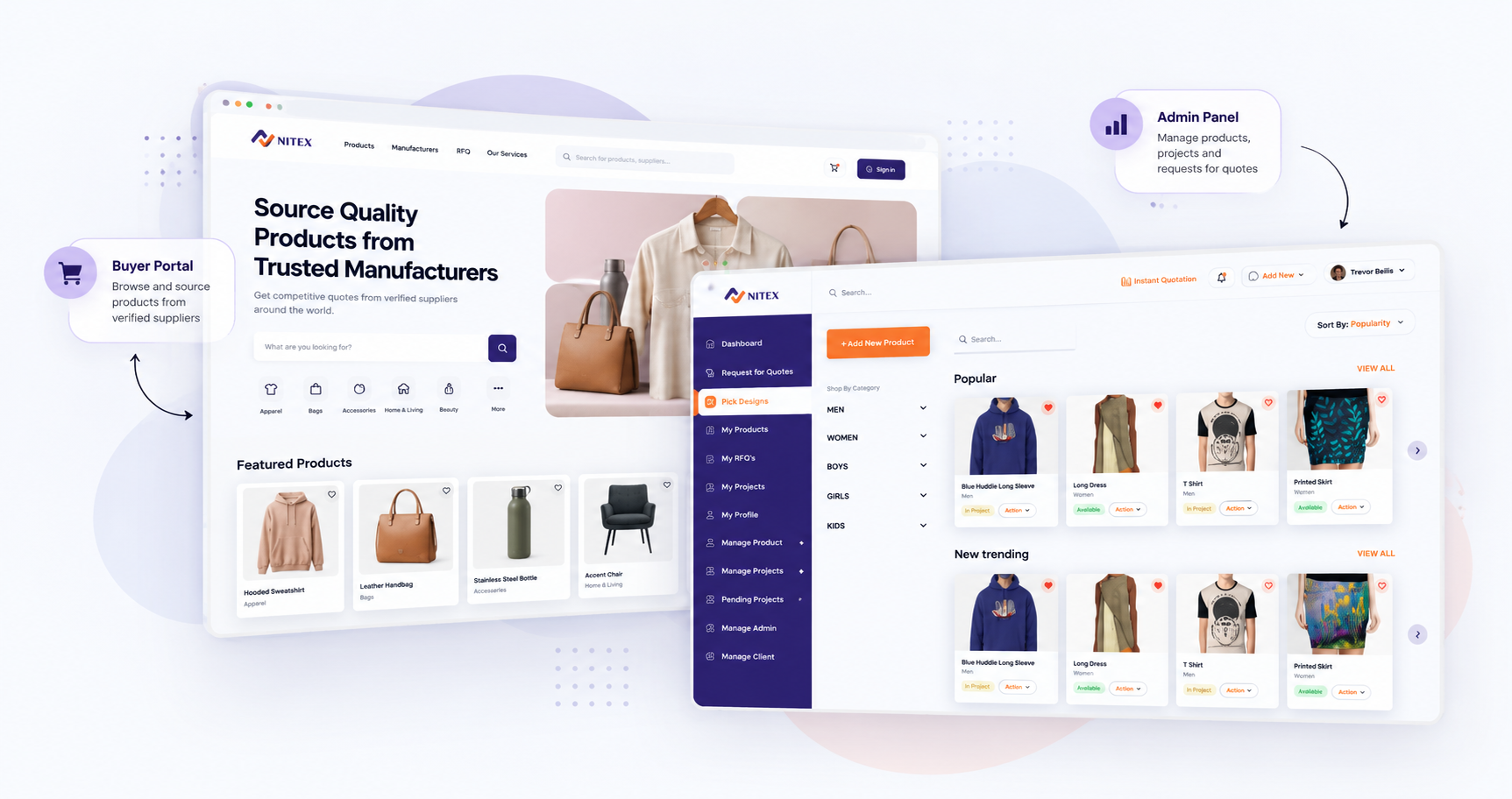 The Nitex buyer portal and admin panel TechCare designed and built: the buyer-facing storefront and the admin product management dashboard