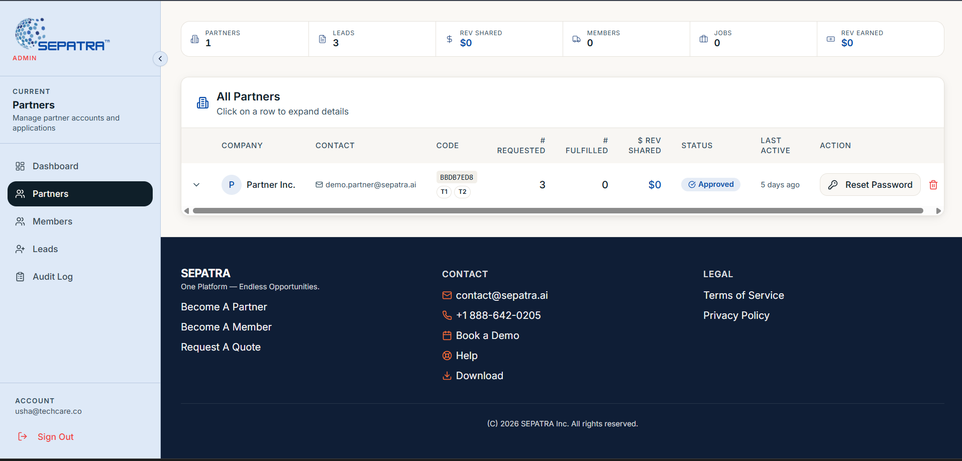 Sepatra platform interface showing a partner workflow