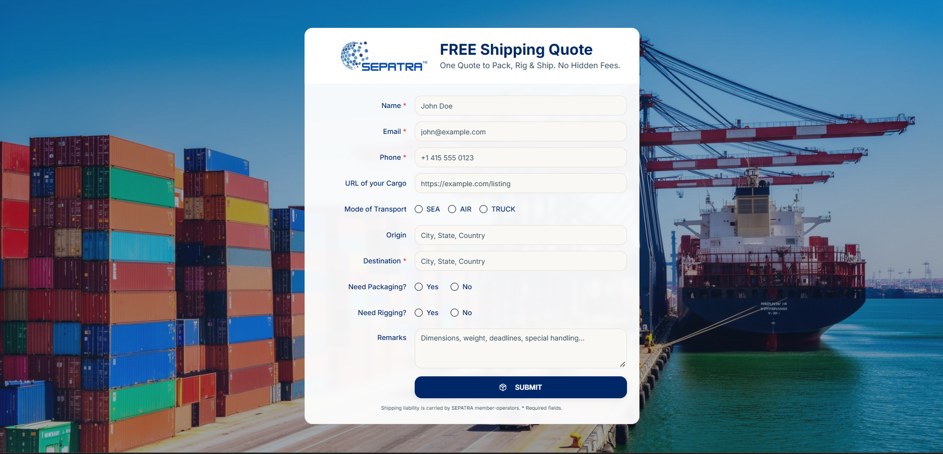 Sepatra quote request form for freight shipping
