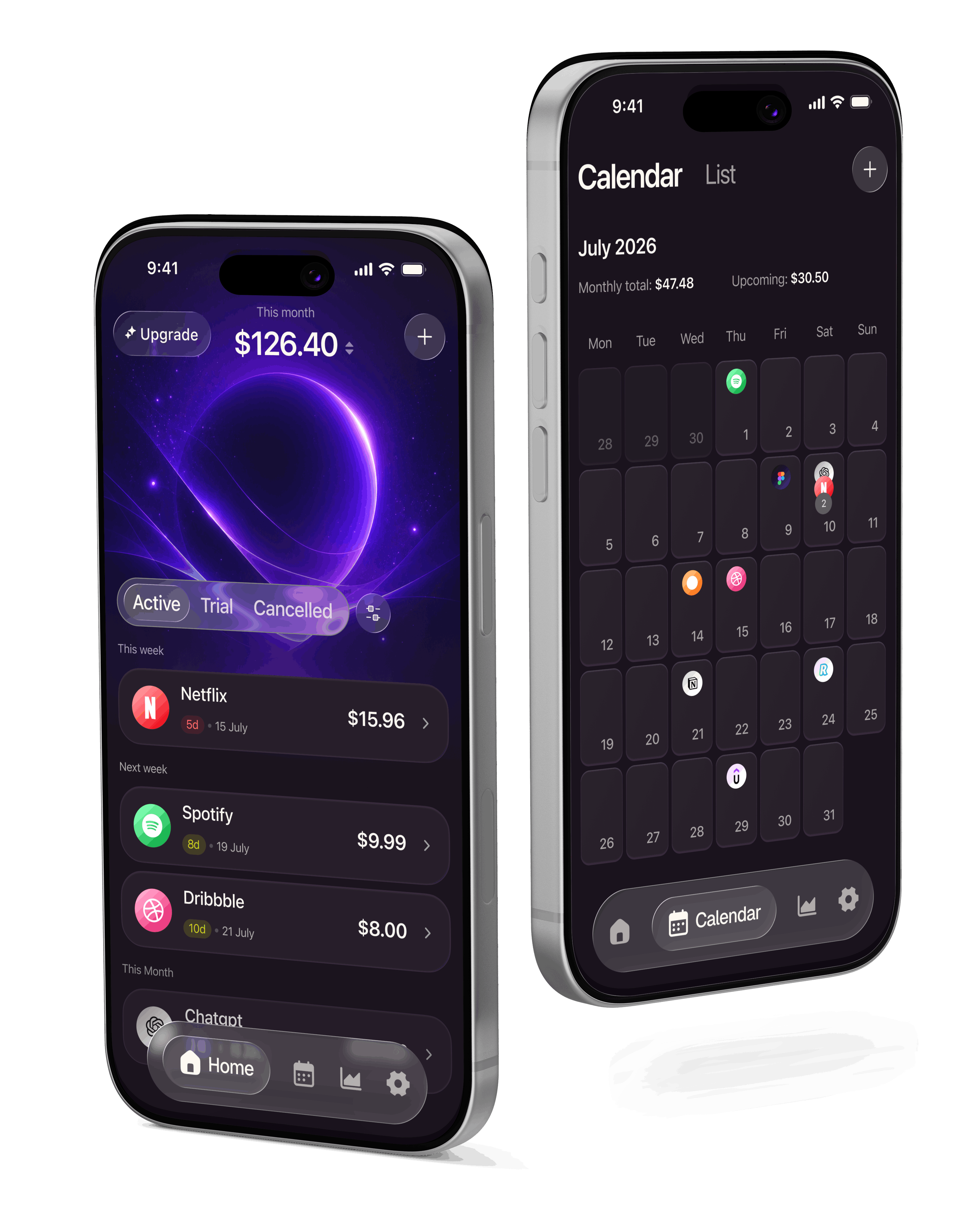 Two SubTranzo app screens: the home screen showing this month's $126.40 total and a list of upcoming charges, and a calendar view of subscription renewals for July 2026
