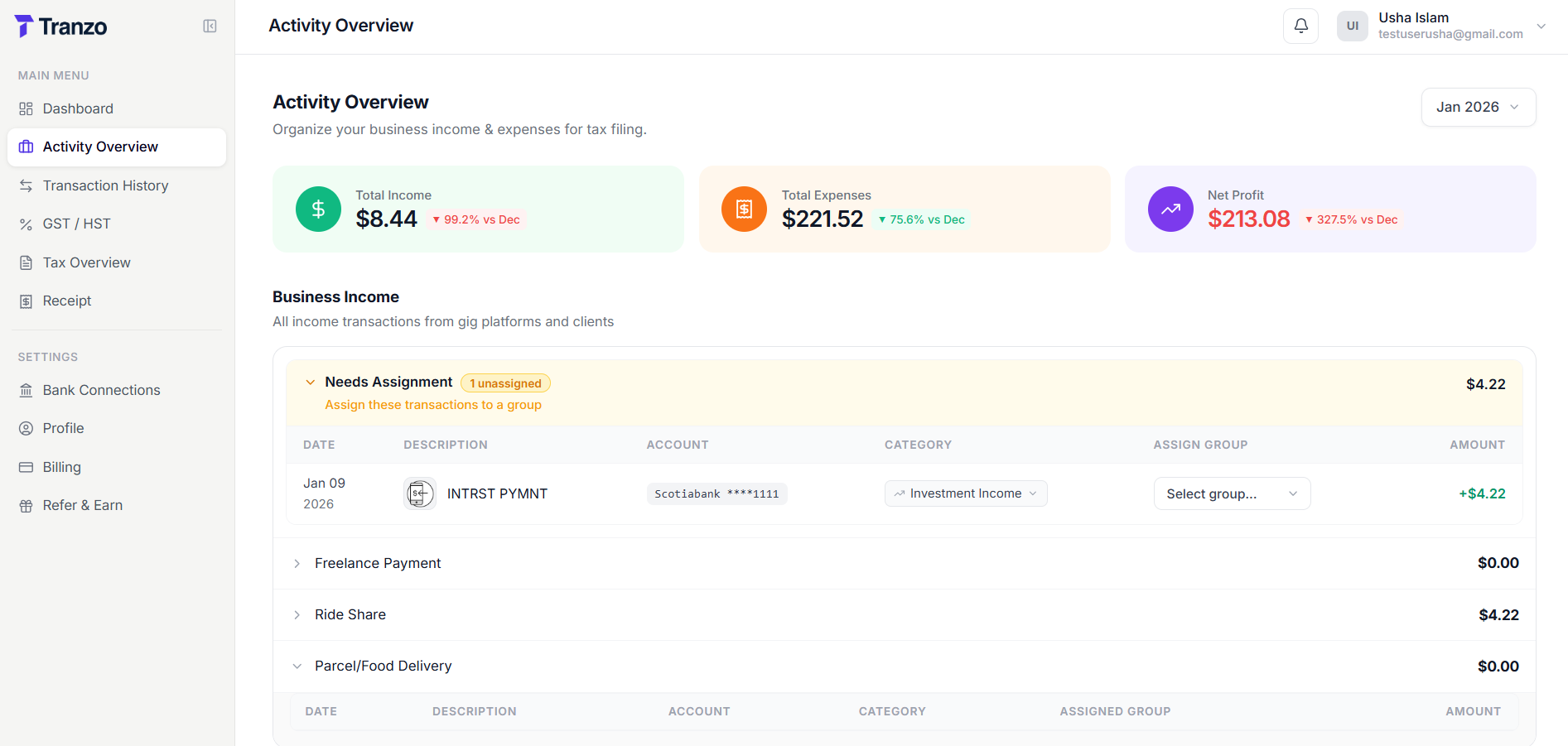 Tranzo.ai activity overview organizing business income and expenses for tax filing