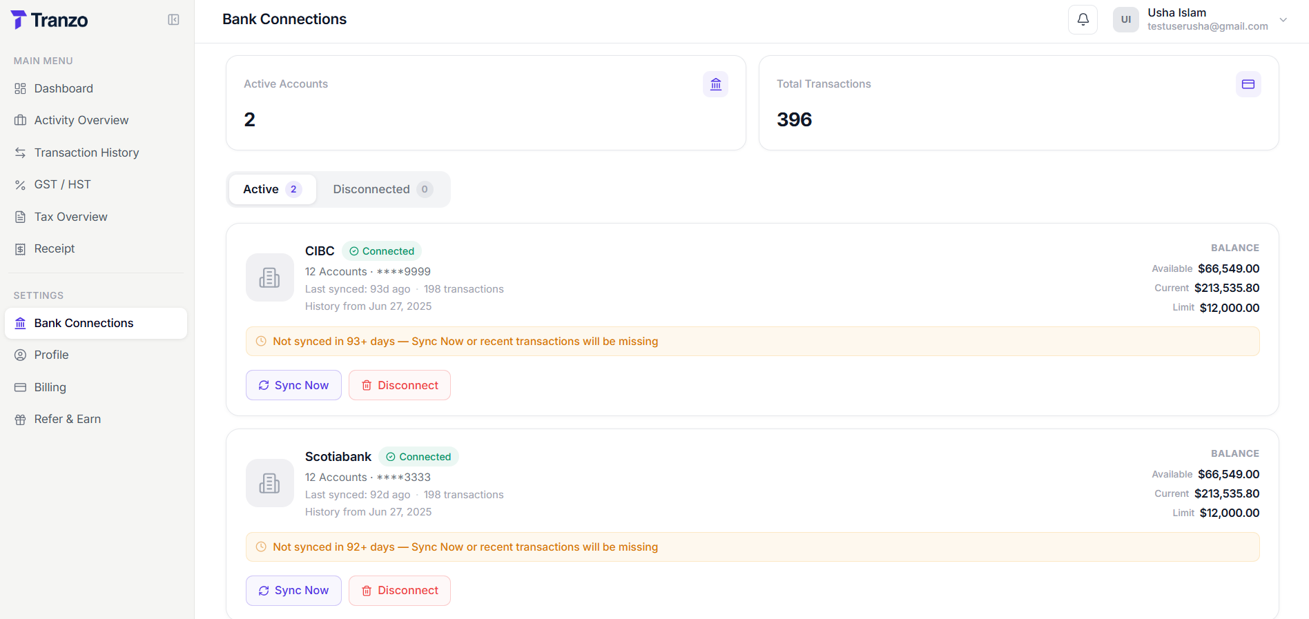 Tranzo.ai bank connections screen showing linked accounts