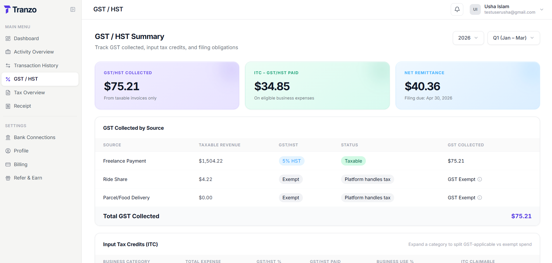 Tranzo.ai GST/HST summary tracking collected tax and filing obligations