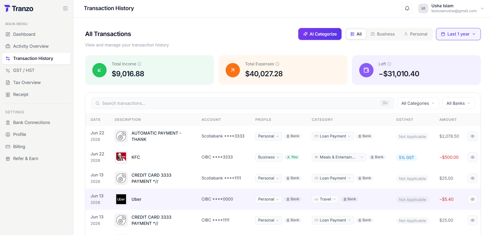 Tranzo.ai transaction history with AI categorization and bank filtering